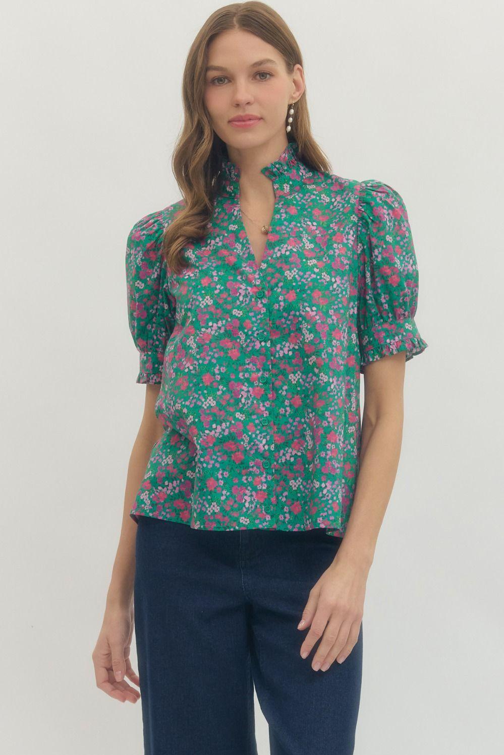 Green Floral  with Ruffled Neck Top