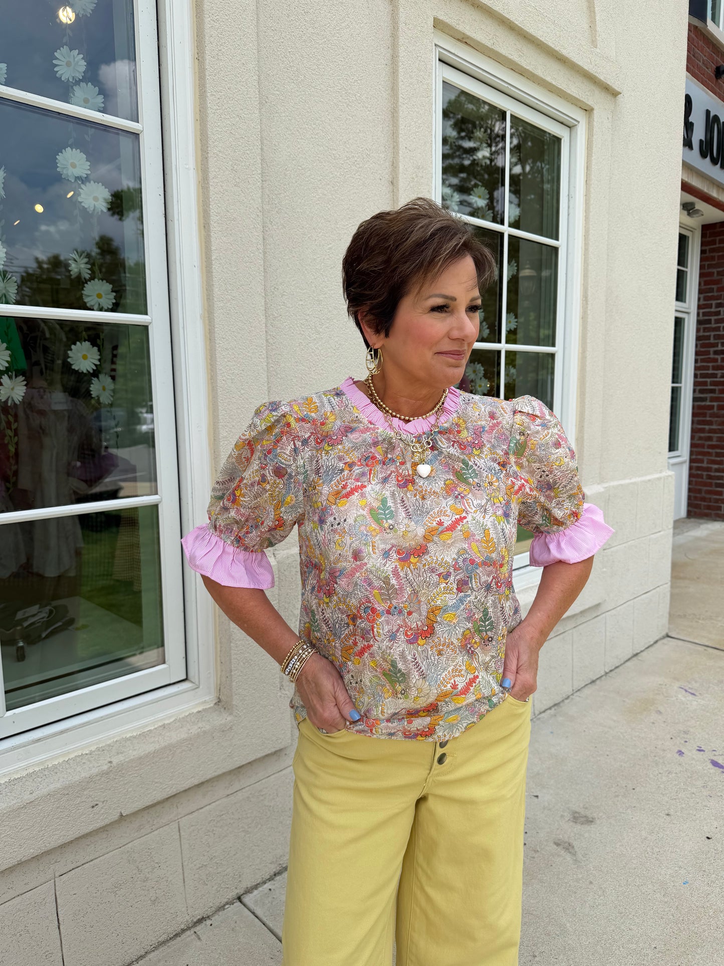 Light Floral with Pink Stripe Trim Top