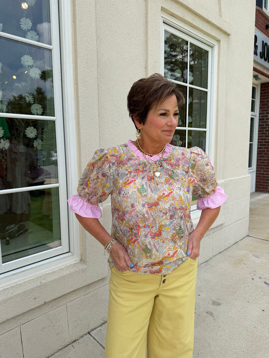 Light Floral with Pink Stripe Trim Top