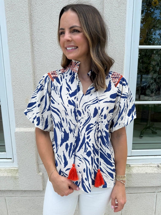 Dark Blue Smocked Detail Printed Top