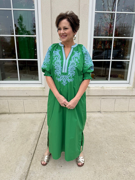 Green Embroidered Midi Dress