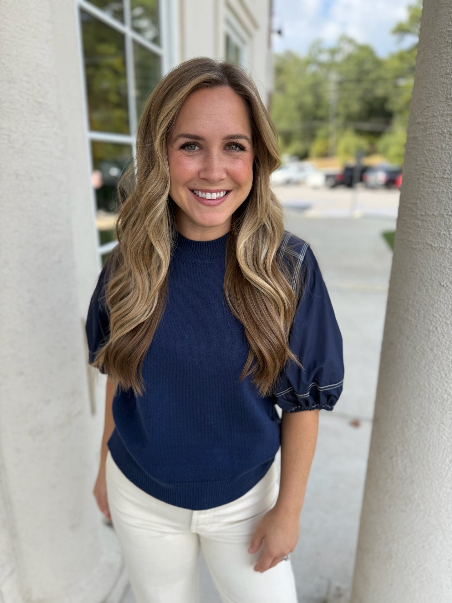 Navy Multi Fabric Knit Top