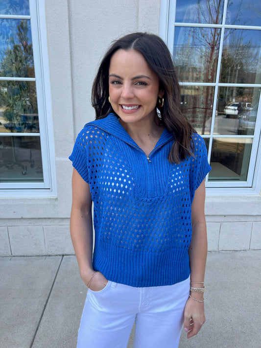 Royal Blue Fishnet Zip-Up Sweater
