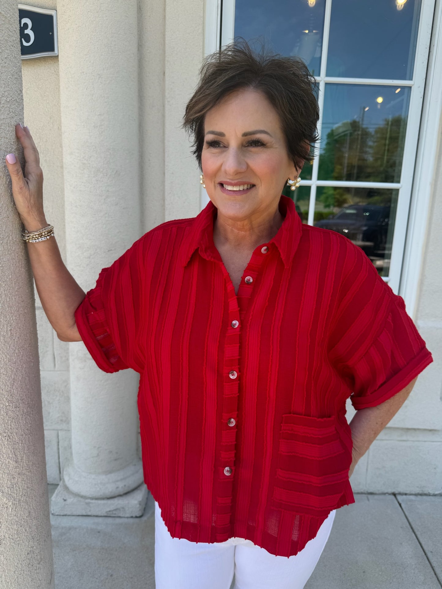 Pepper Red Textured Oversized Top