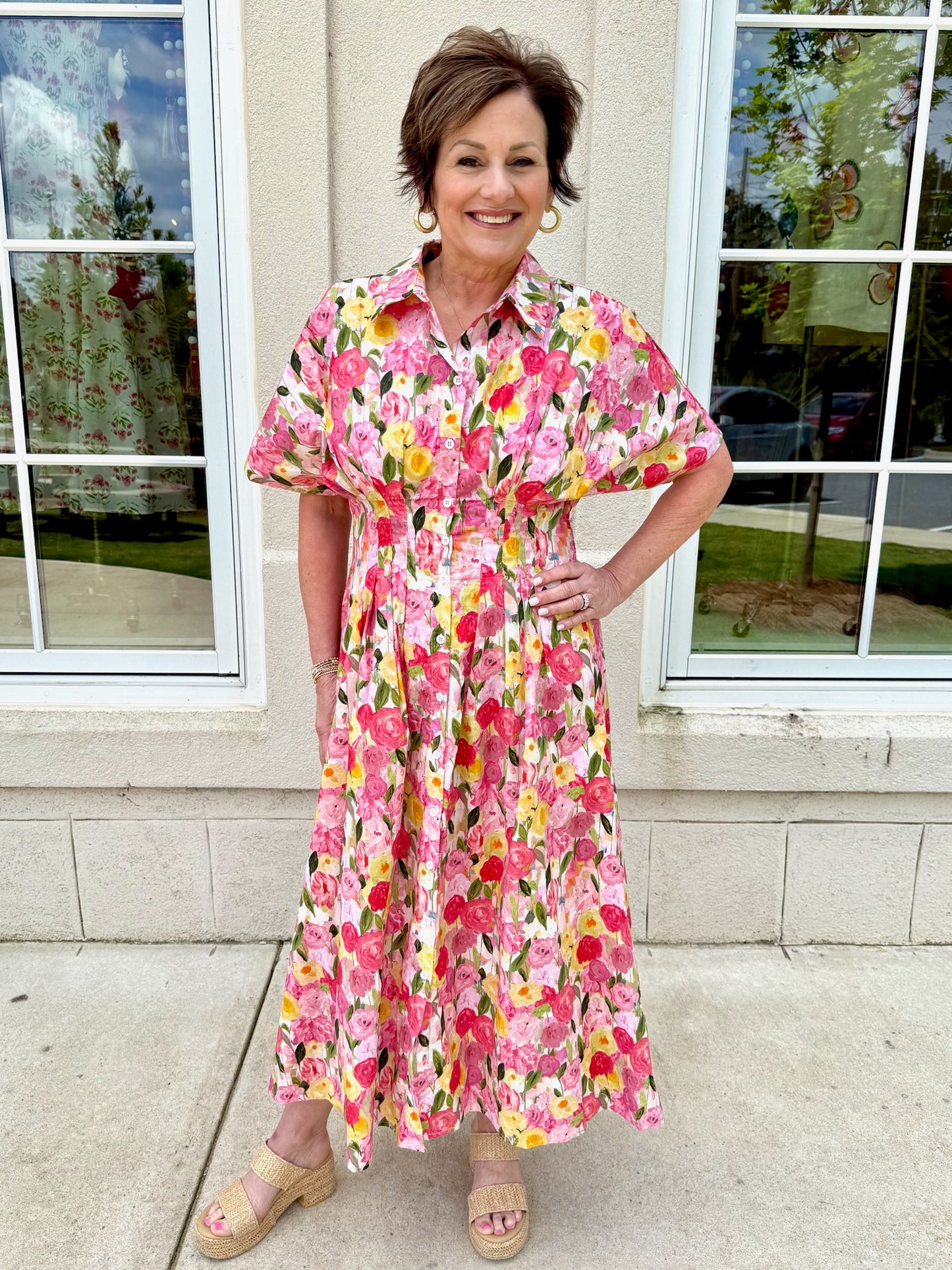 Pink Floral Waisted Pintuck Dress