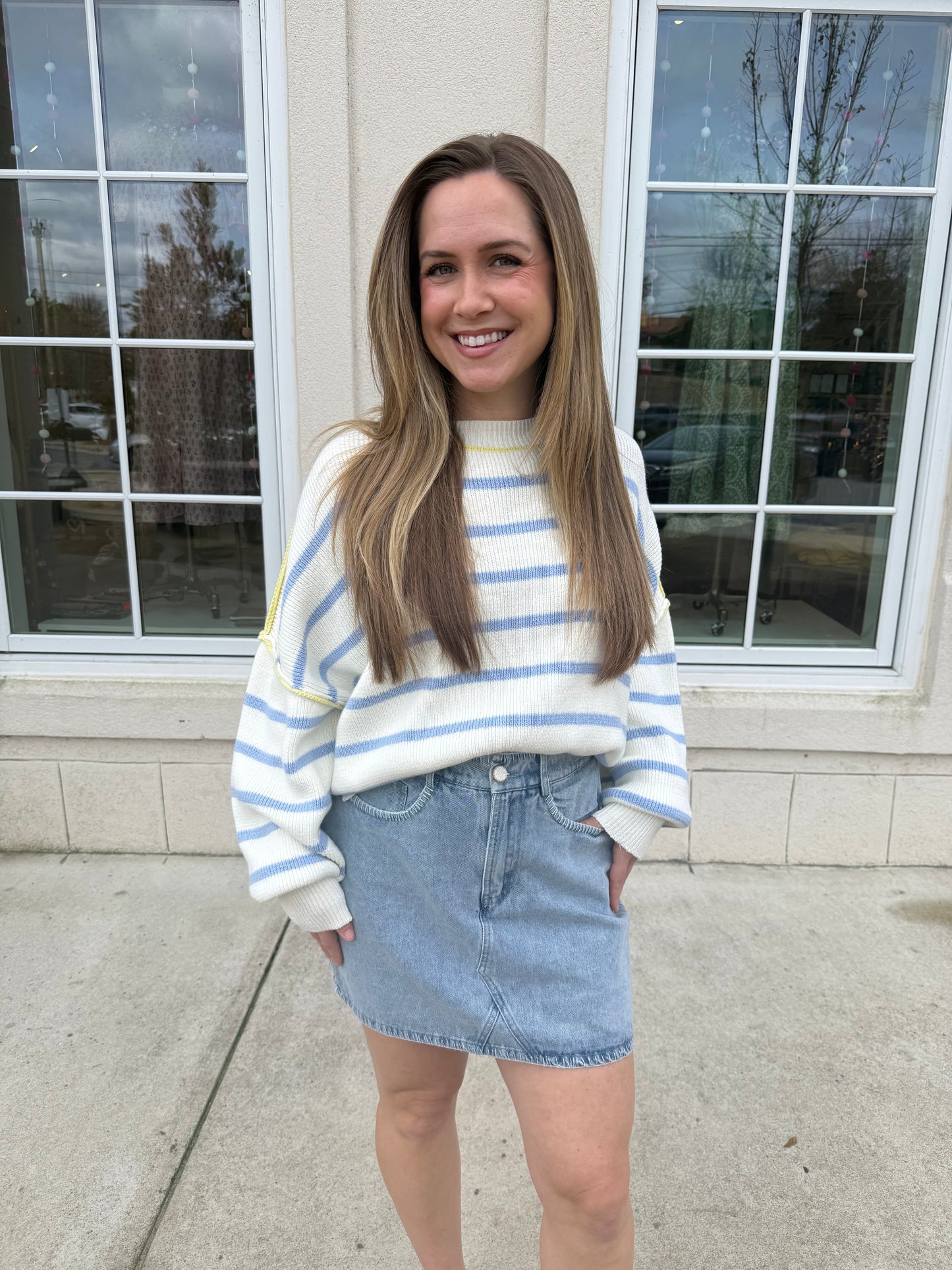 Off White and Blue Striped Boxy Sweater