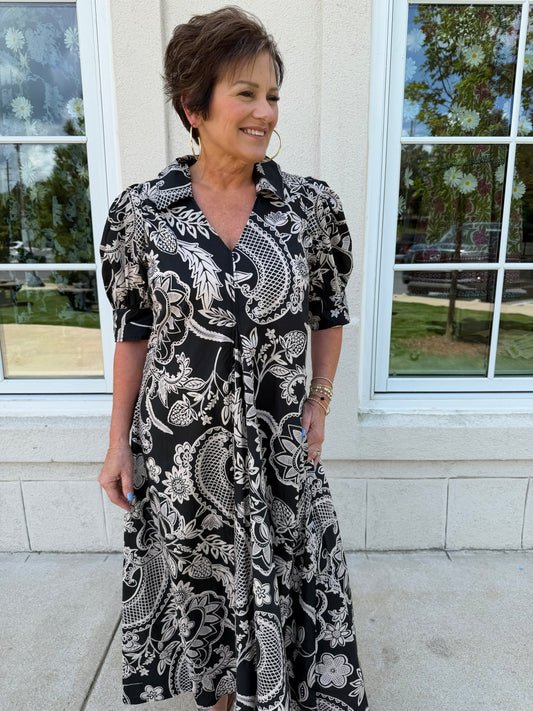 Black and White Paisley Floral Print Midi