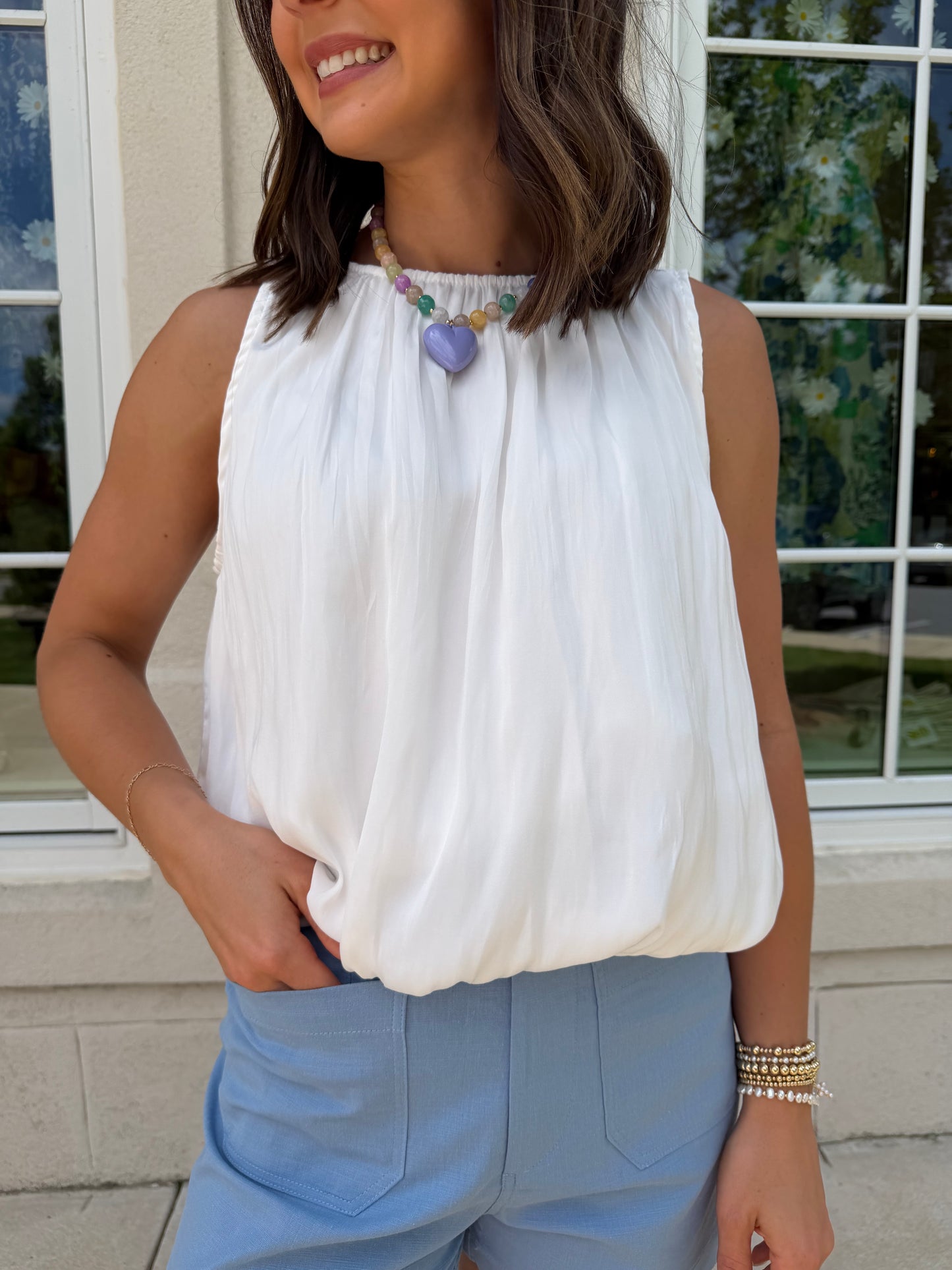 White Crinkled Gathered Blouse
