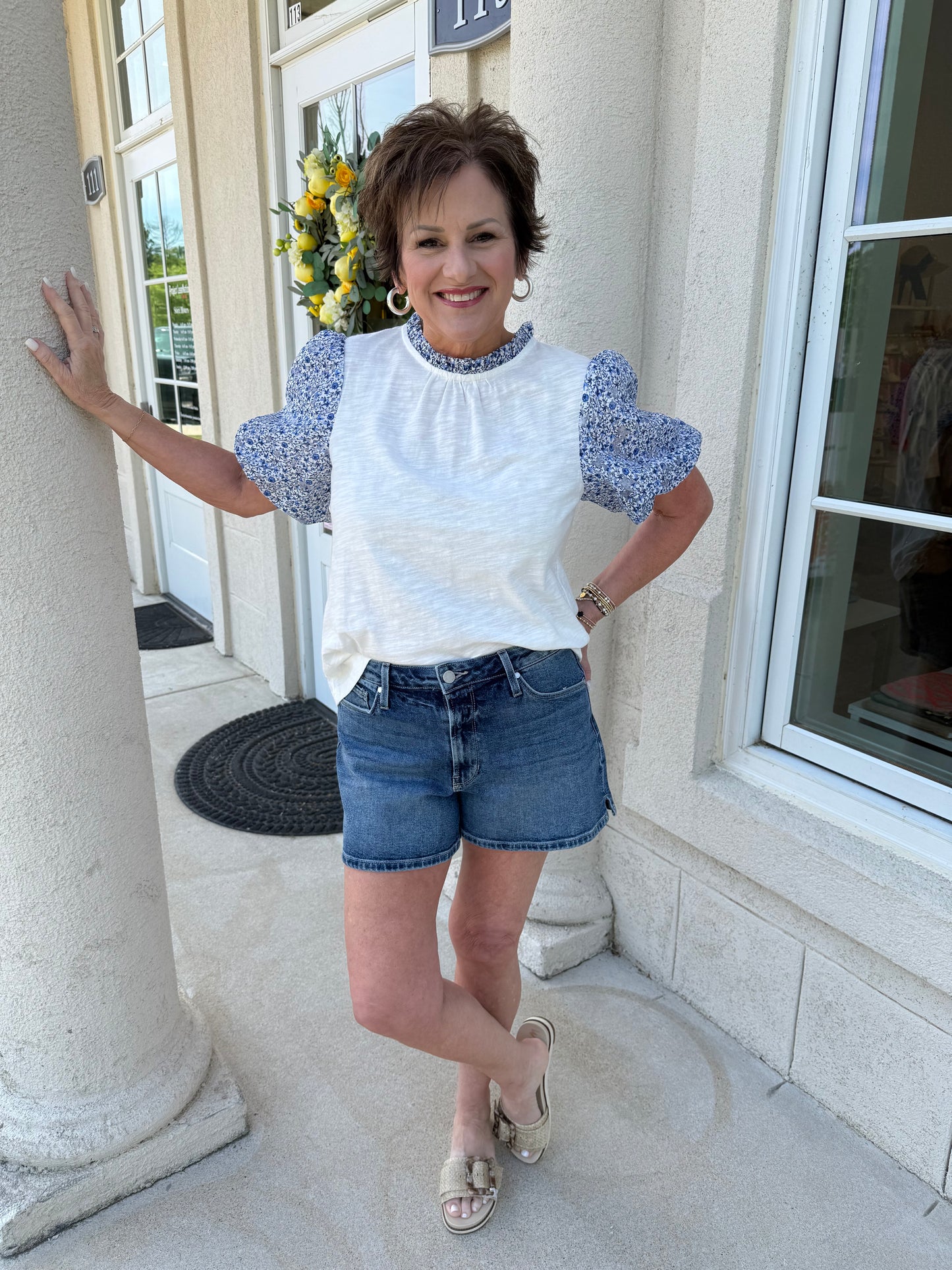 White and Light Blue Floral Slub Knit Top
