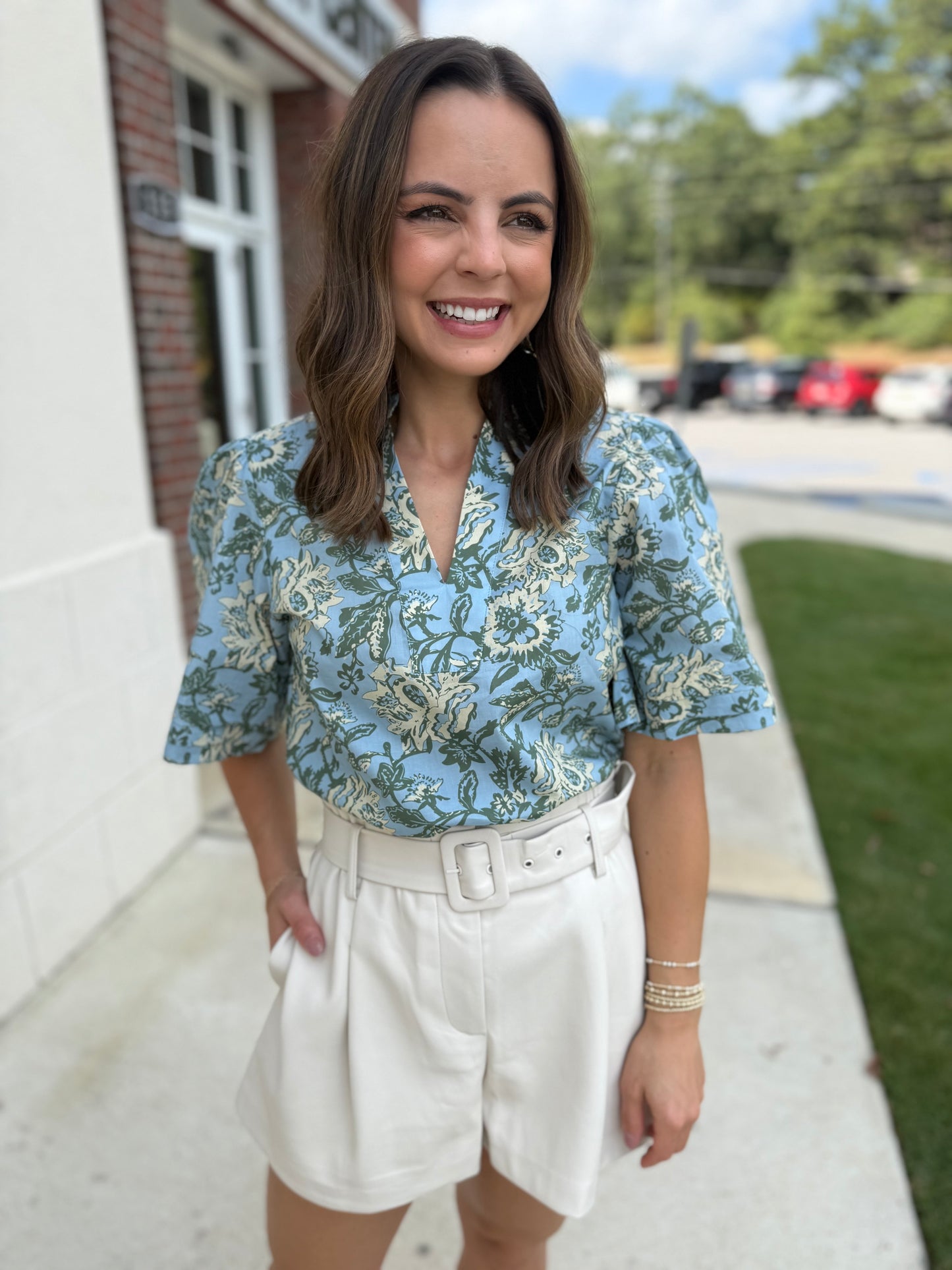 Blue Multi V-Neck Print Top