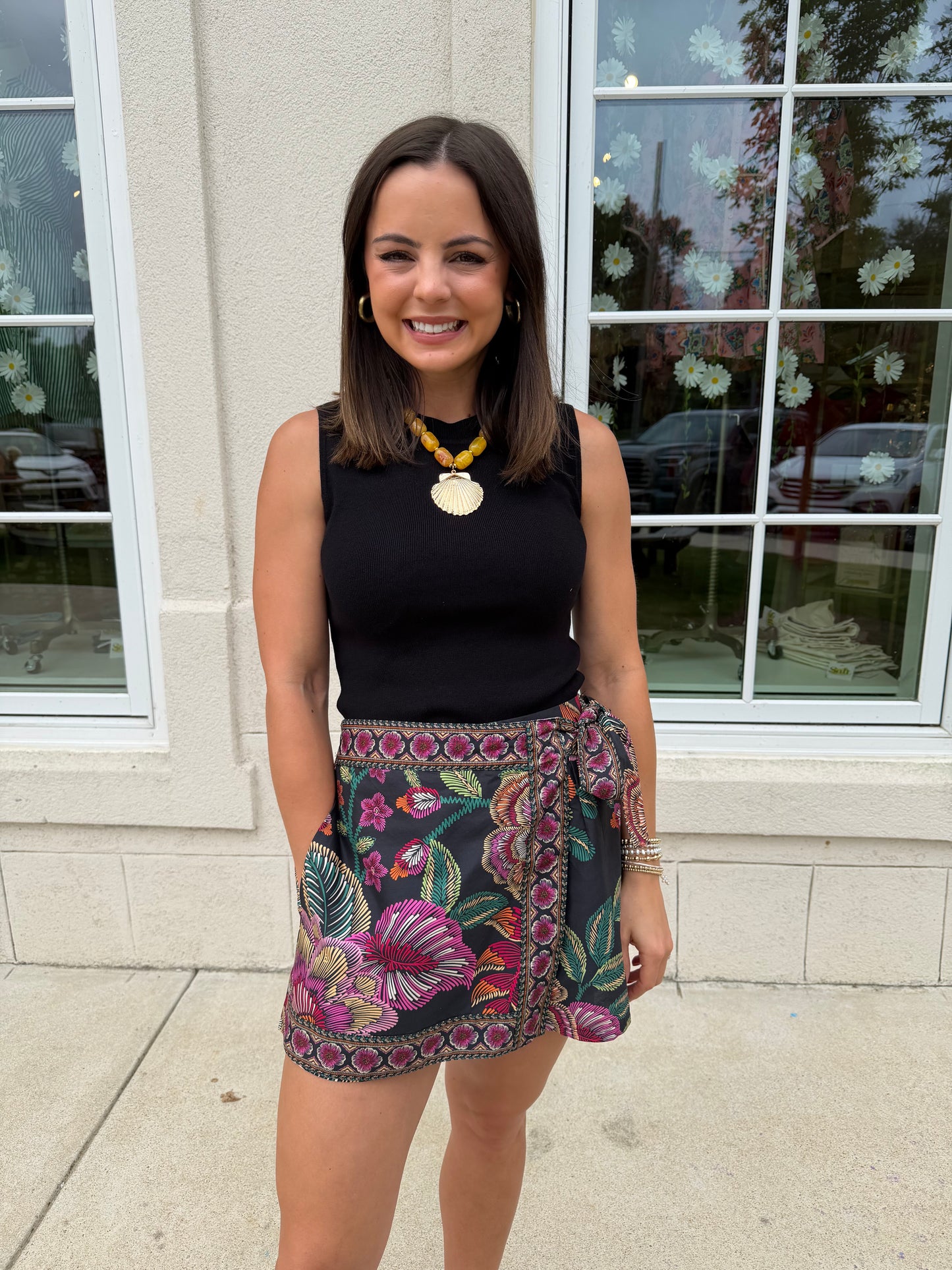 Black Botanical Print Wrap Front Skort
