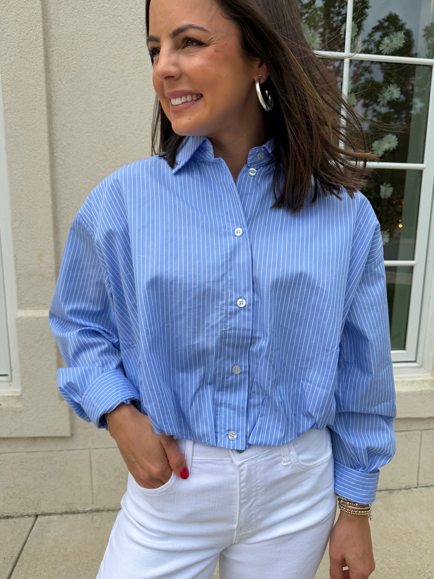 Blue and White Striped Balloon Hem Shirt