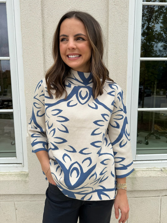 Cream and Teal Blue Jacquard Knit Sweater