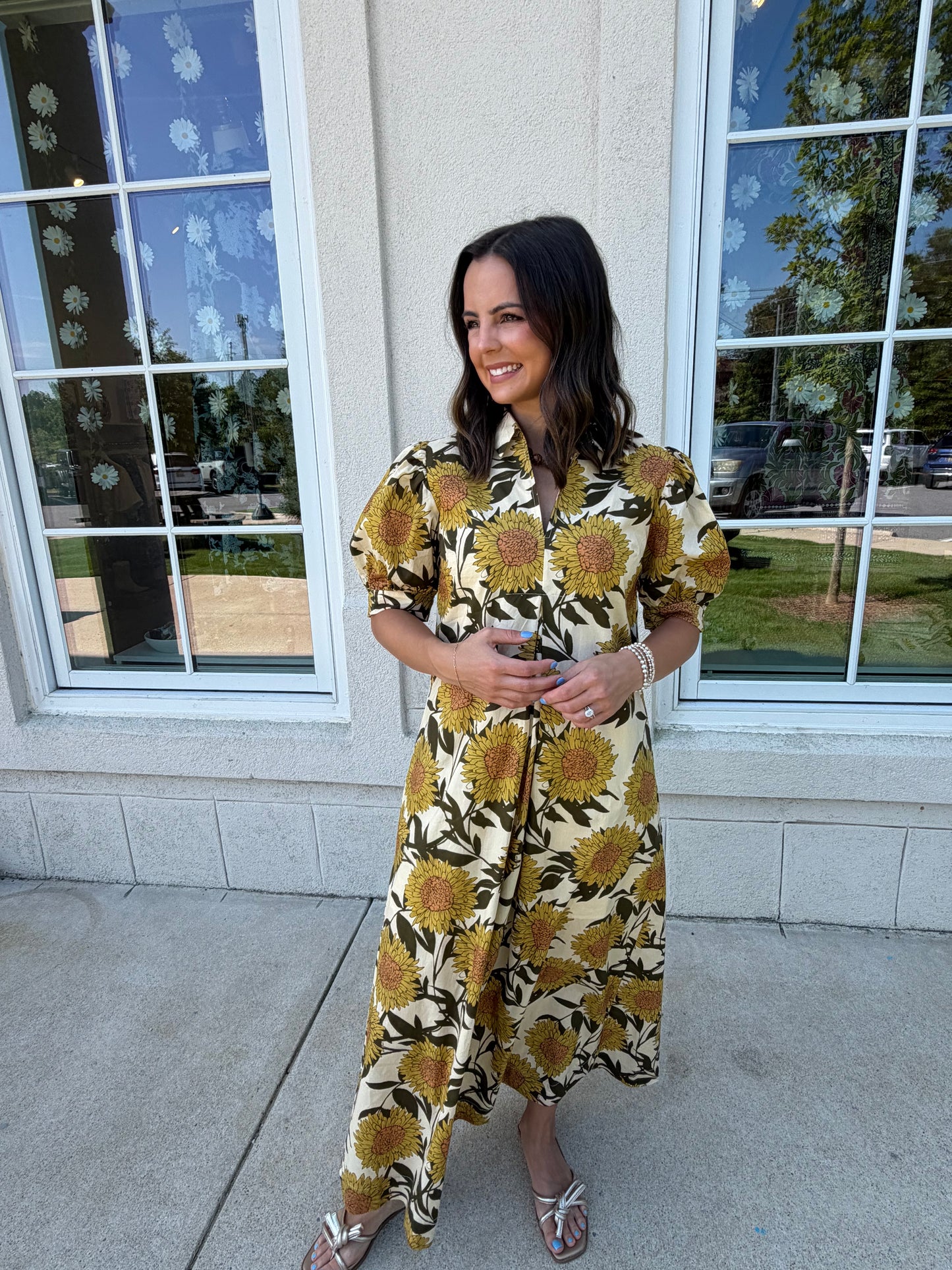 Golden Yellow Floral Midi Dress