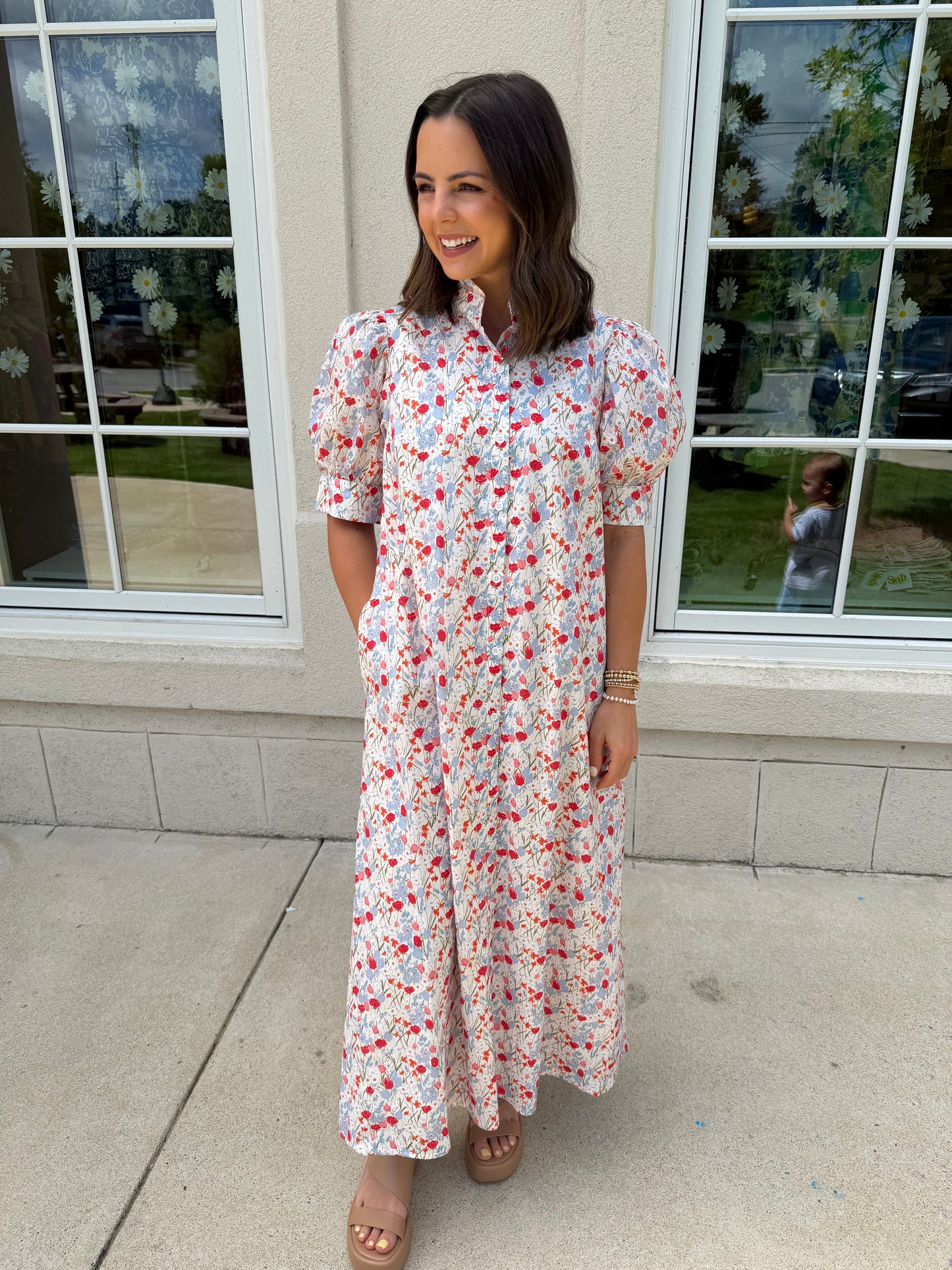 Cream, Blue, and Red Maxi Dress