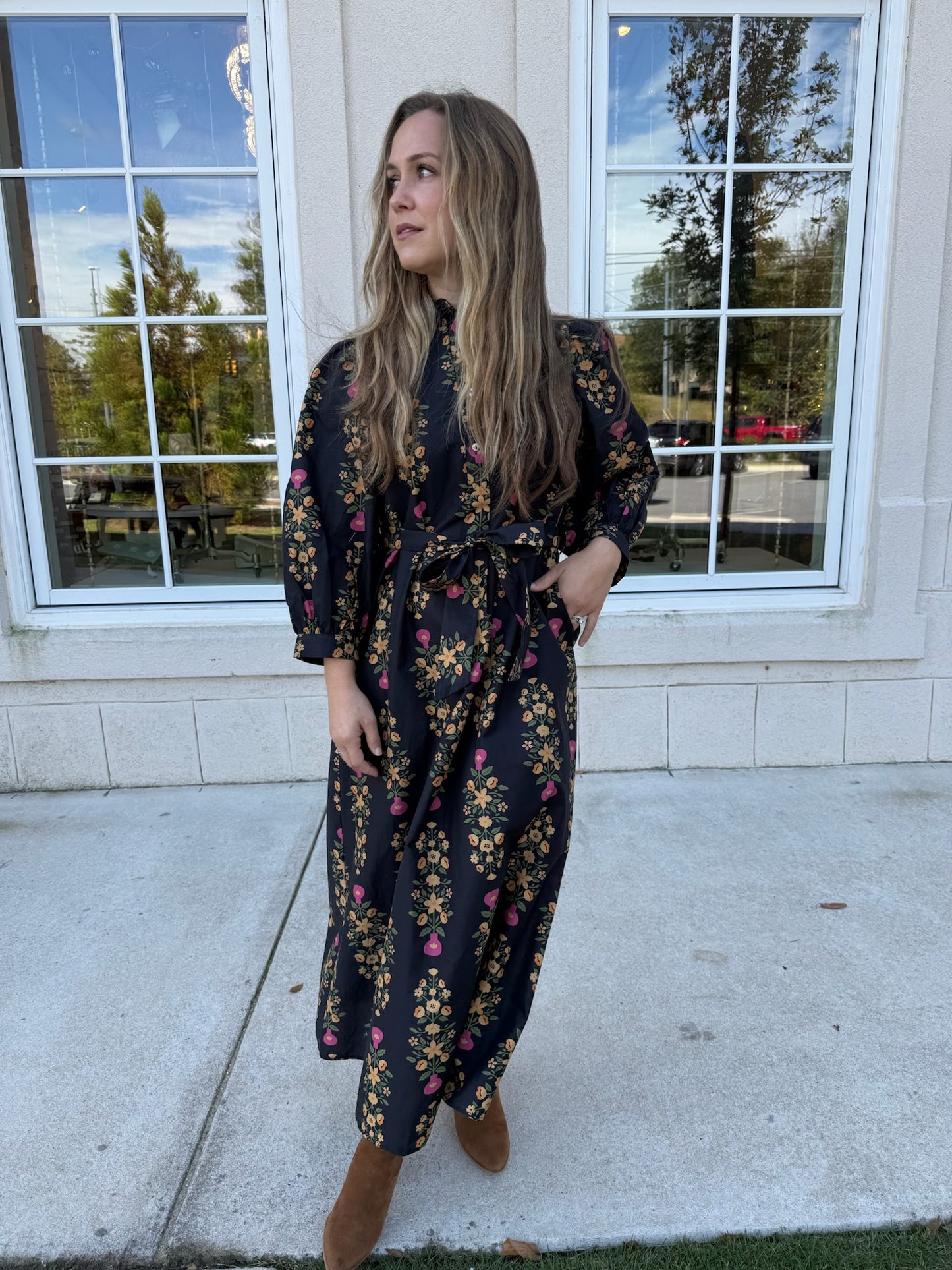 Black Botanical Print Midi Dress