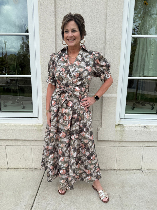 Olive Floral Front Tie Maxi