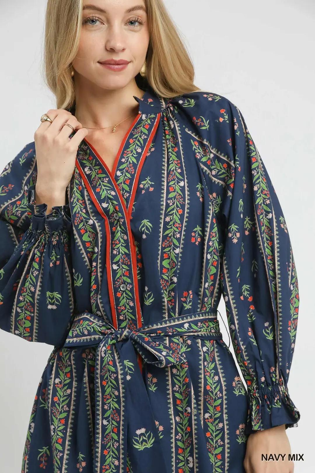 Navy Mini Flower Stripe Print Maxi