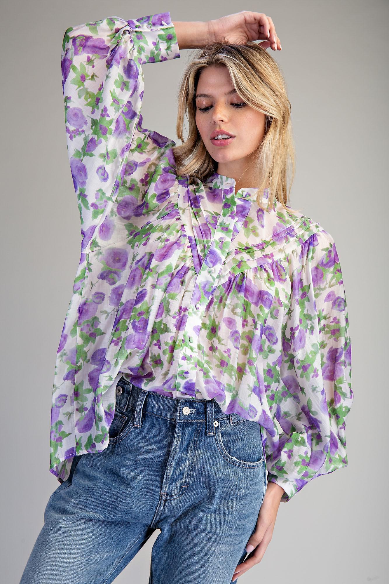 Violet Floral Button Down Top