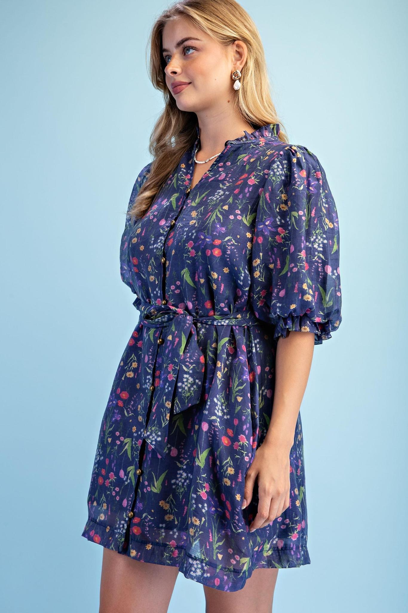 Navy Floral Mix Print Mini Dress