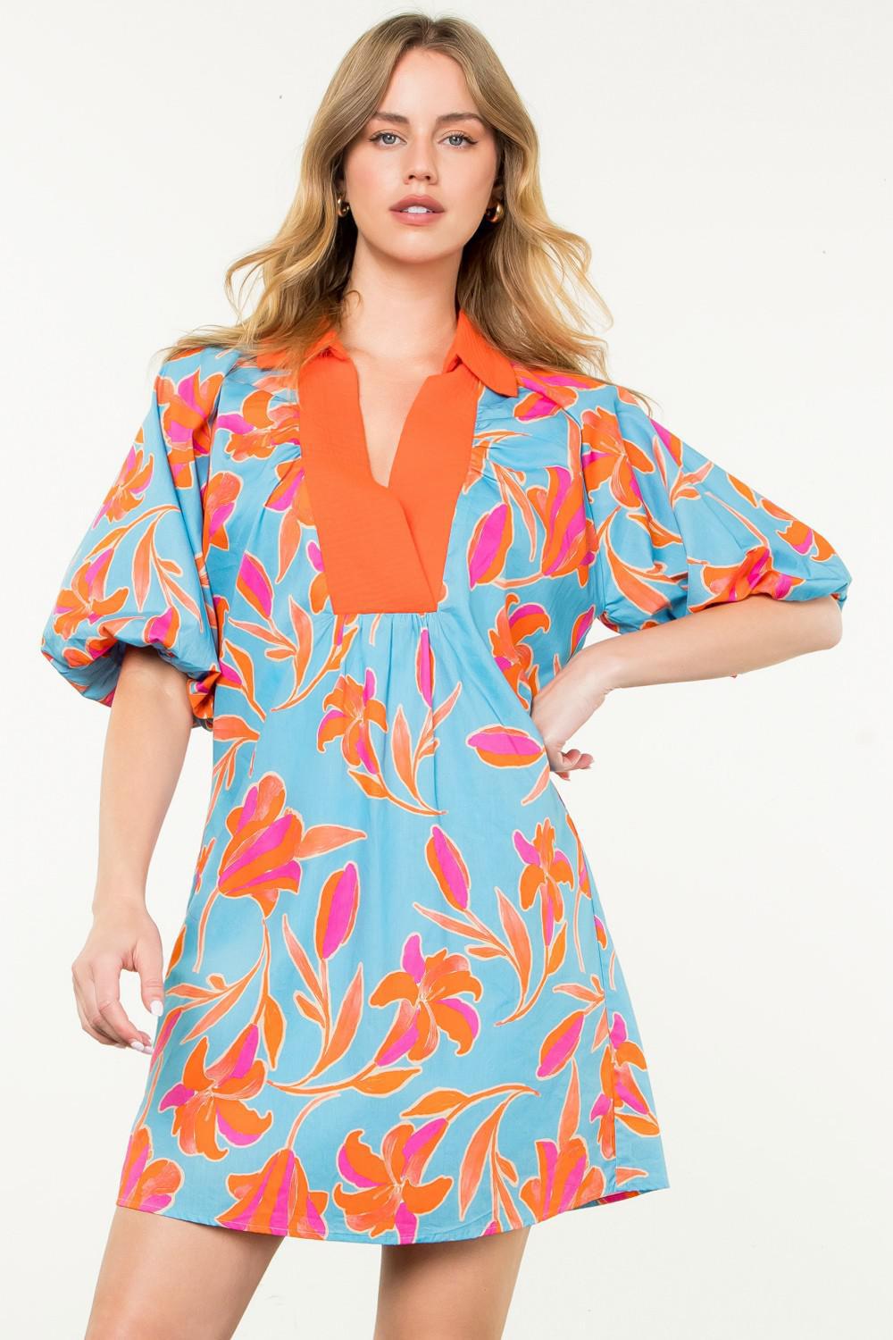 Blue Tropical Print Dress