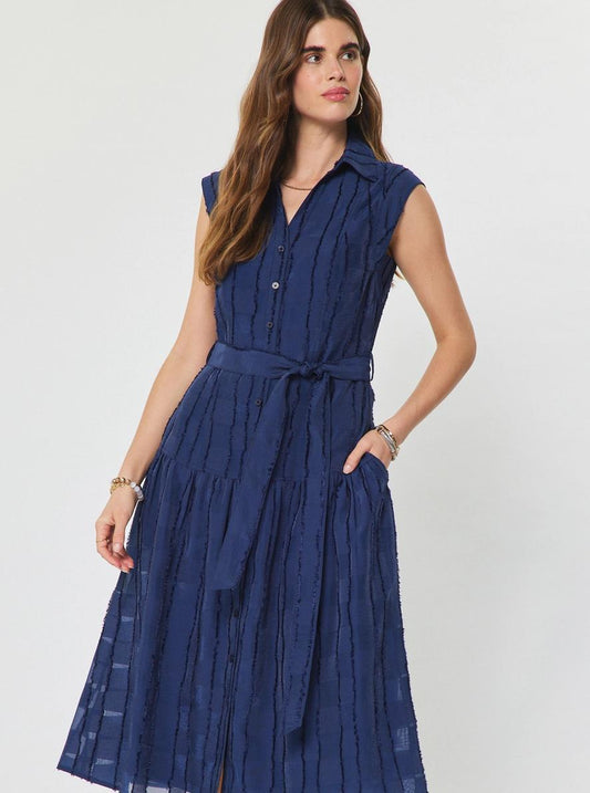 Navy Cap Sleeve Tiered Midi Dress