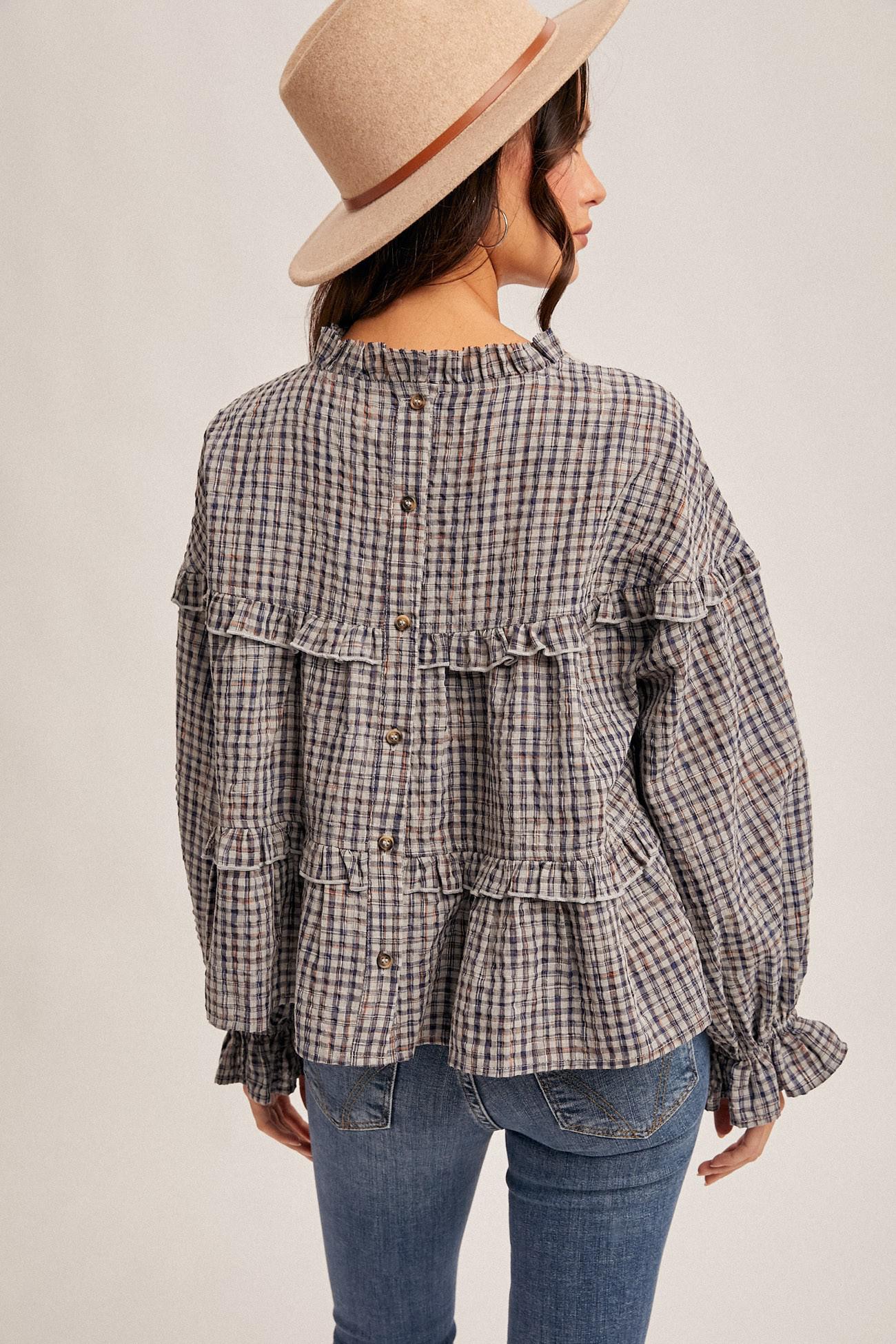 Denim Blue Ruffle Plaid Blouse