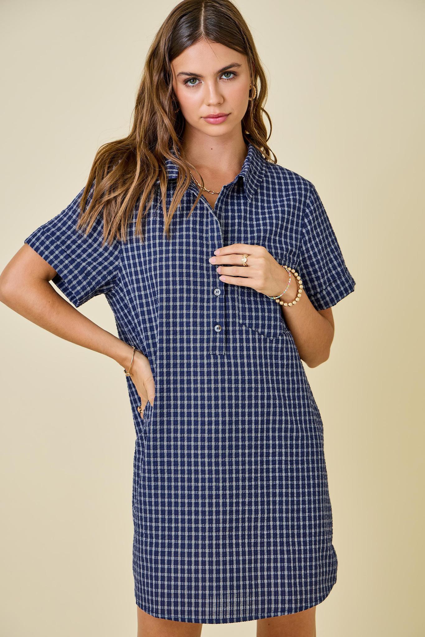 Navy Checkered Easy Shirt Dress