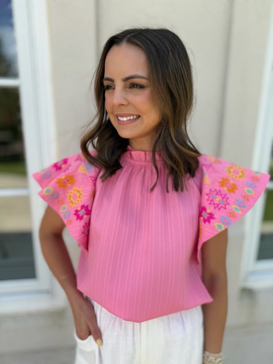 Pink Embroidered Ruffle Sleeve top