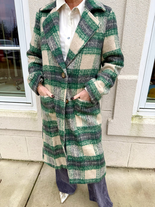 Green and Ivory Plaid Long Coat