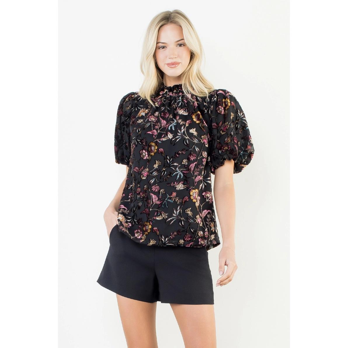 Black Floral Velvet Detailed Top