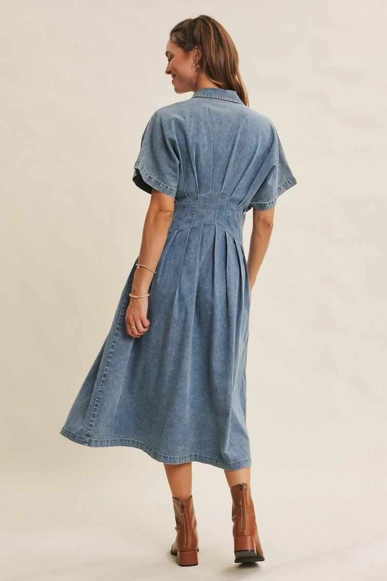Denim Pleated Midi Dress