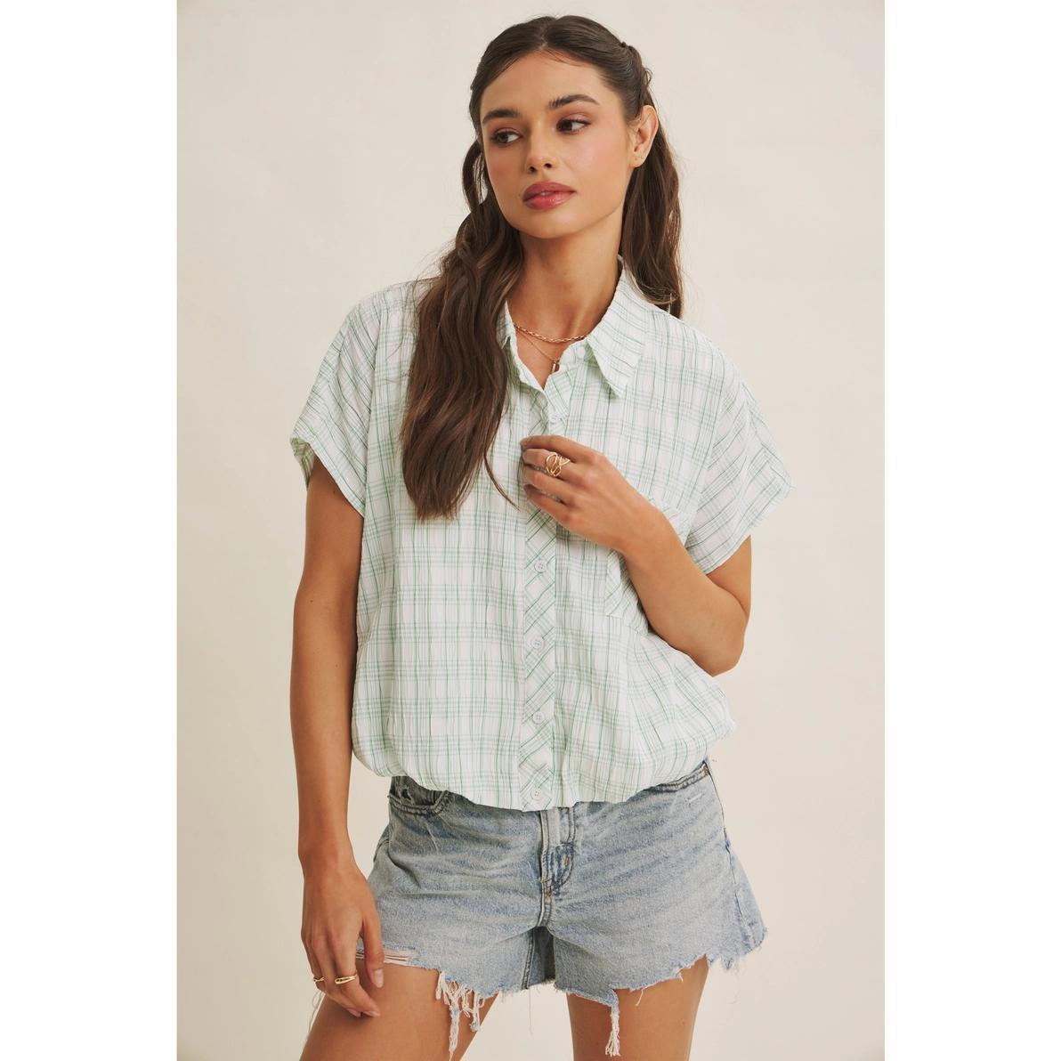 Kelly Green Crinkled Plaid Top