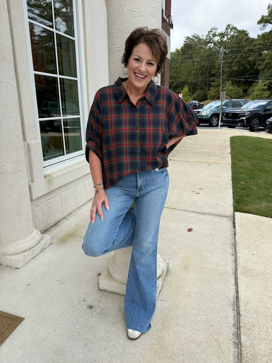 Navy Multi Oversized Plaid Shirt