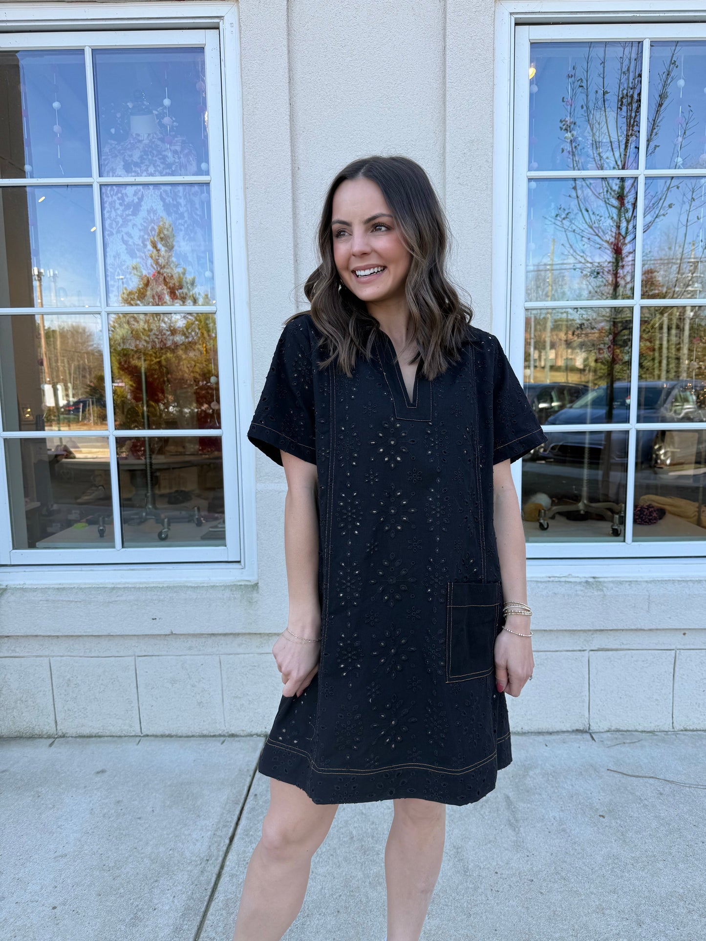 Black Eyelet Shift Dress
