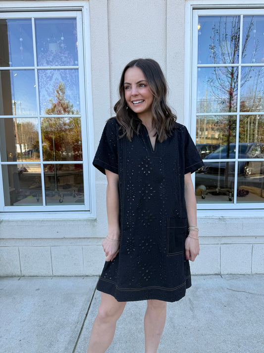 Black Eyelet Shift Dress