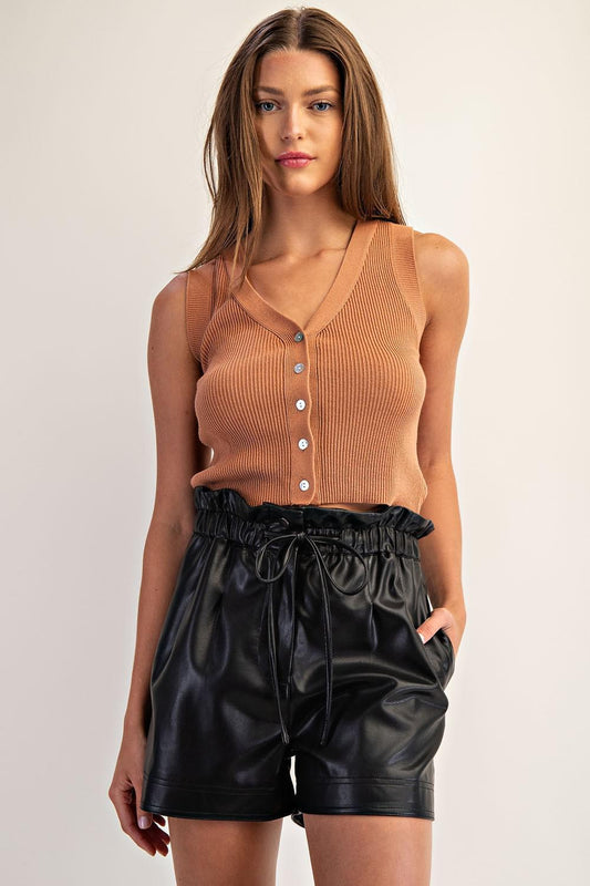 Black Drawstring Faux Leather Shorts