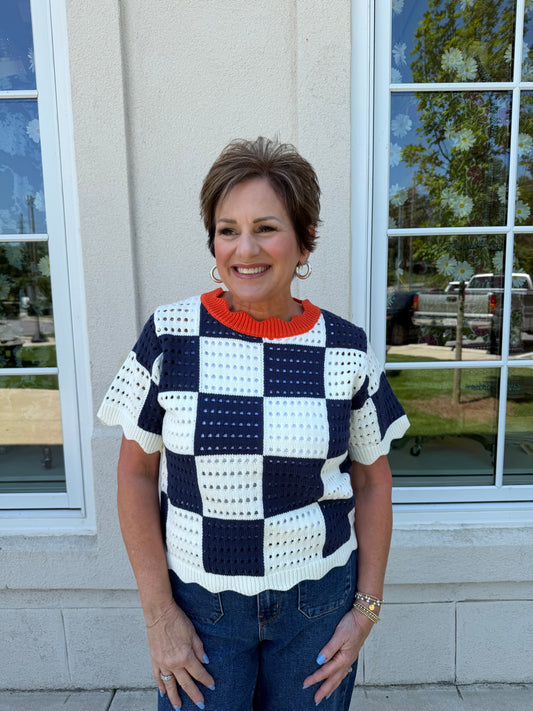 Navy Check and Orange Light Sweater