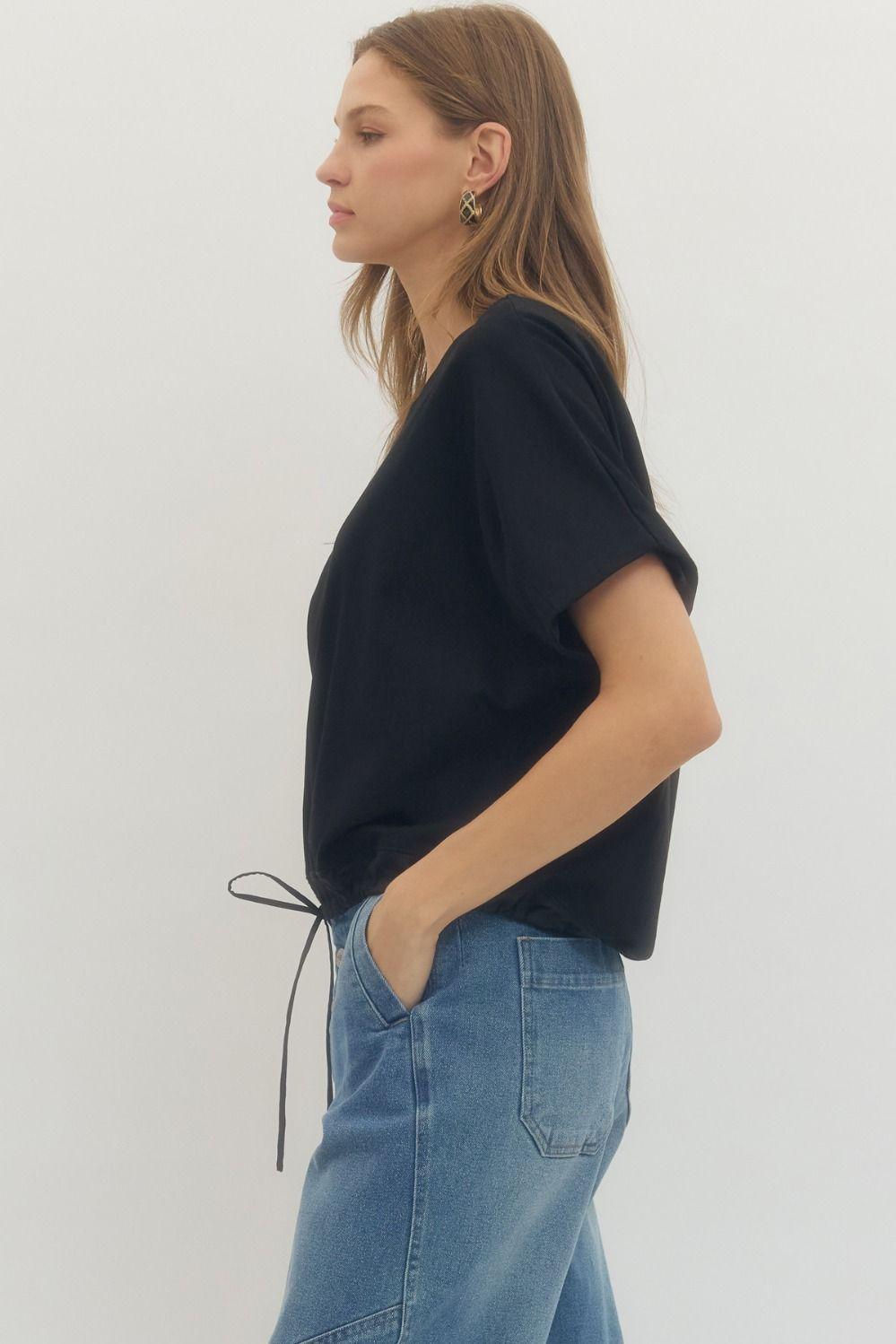 Black Drawstring Hem Top