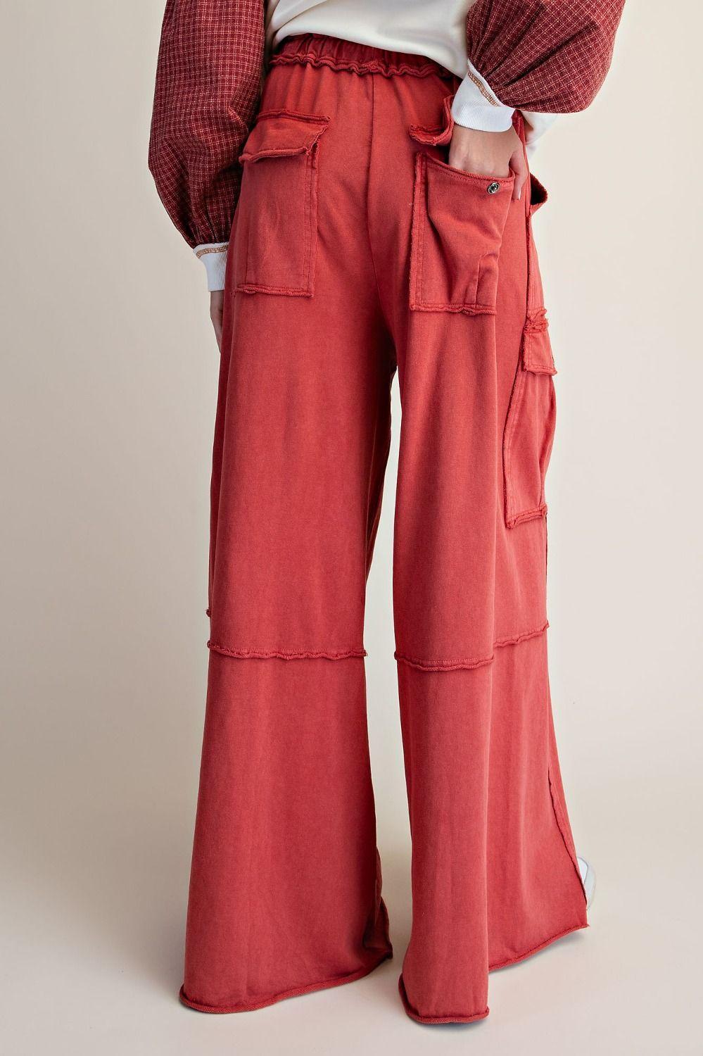 Boho Red Washed Terry Cargo Pants