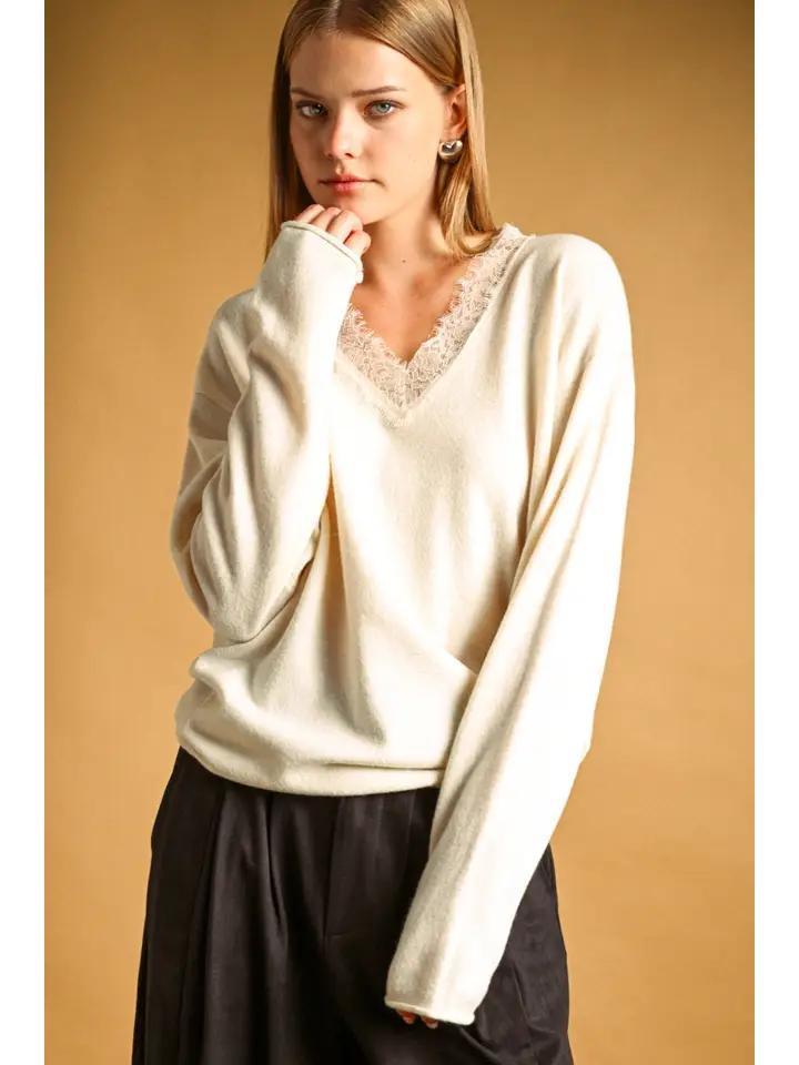 Cream Eyelash Lace Trimmed Sweater