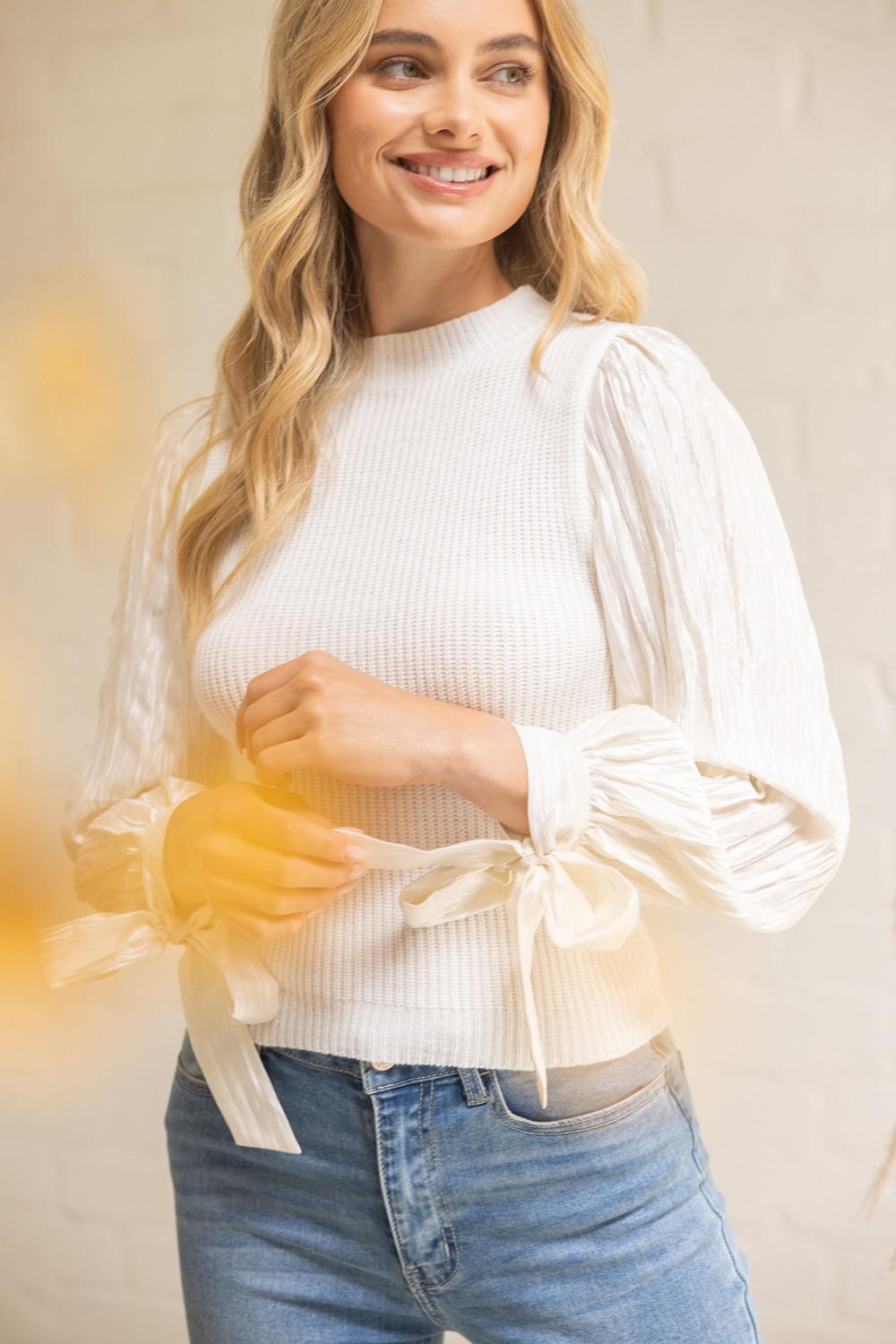 Ivory Ribbed Knit Top With Contrast Sleeves
