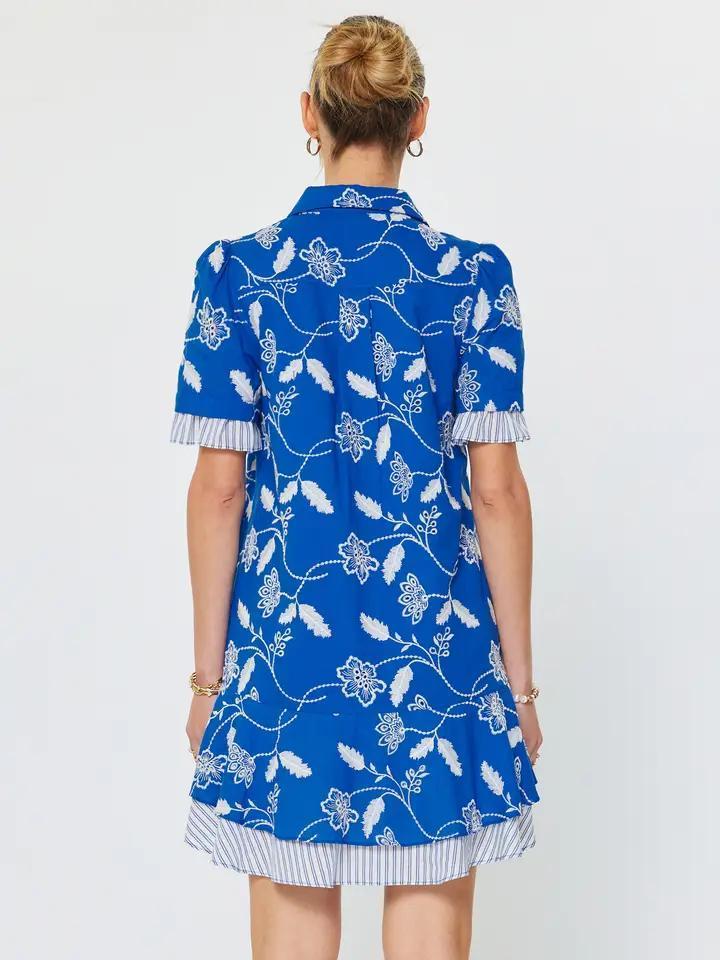 Blue Botanical Floral Embroidery Dress