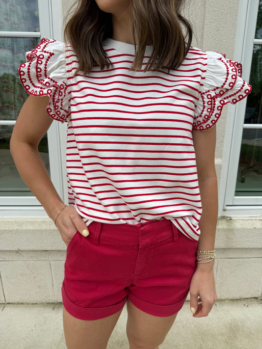 Red Striped Flutter Sleeve Top