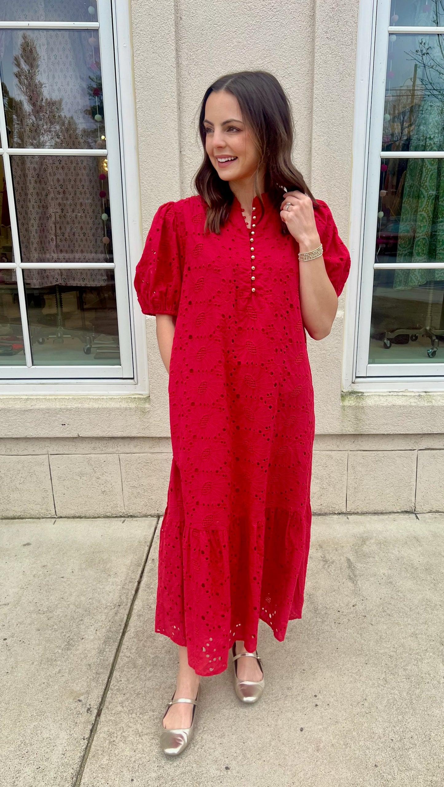 Red gold button eyelet maxi dress