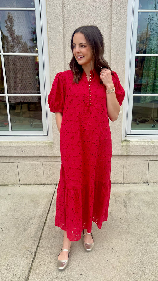 Red gold button eyelet maxi dress