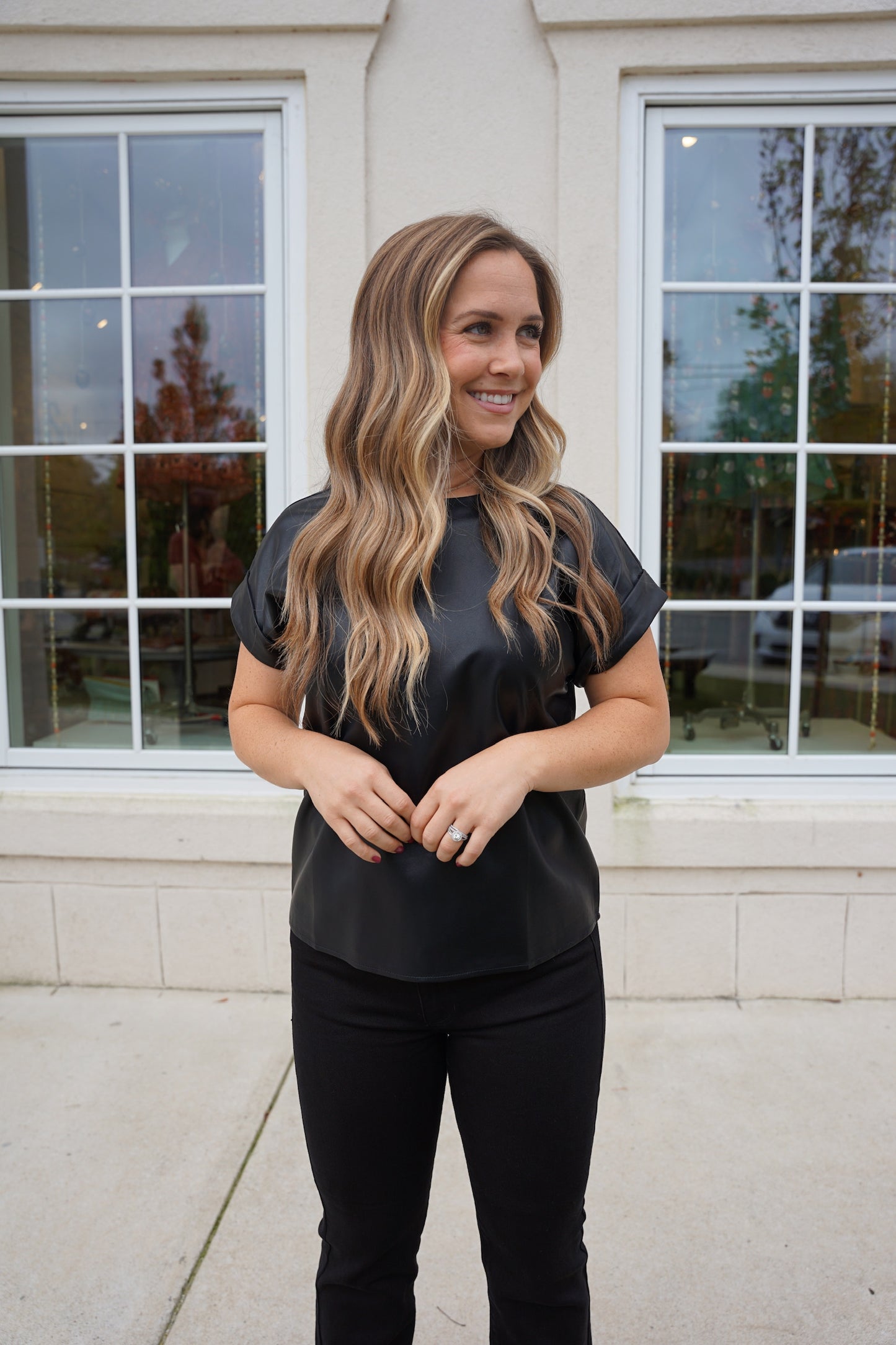 Black Leather Cap Sleeve Top