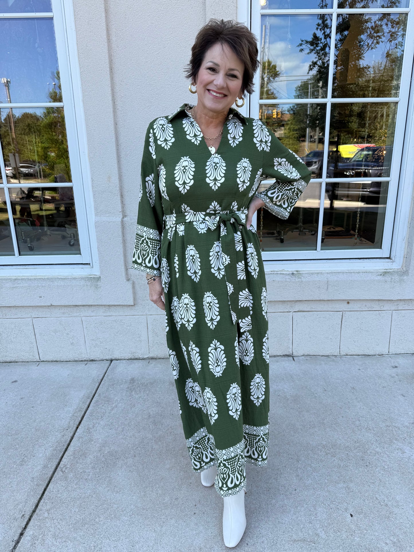 Olive Damask Border Print Midi