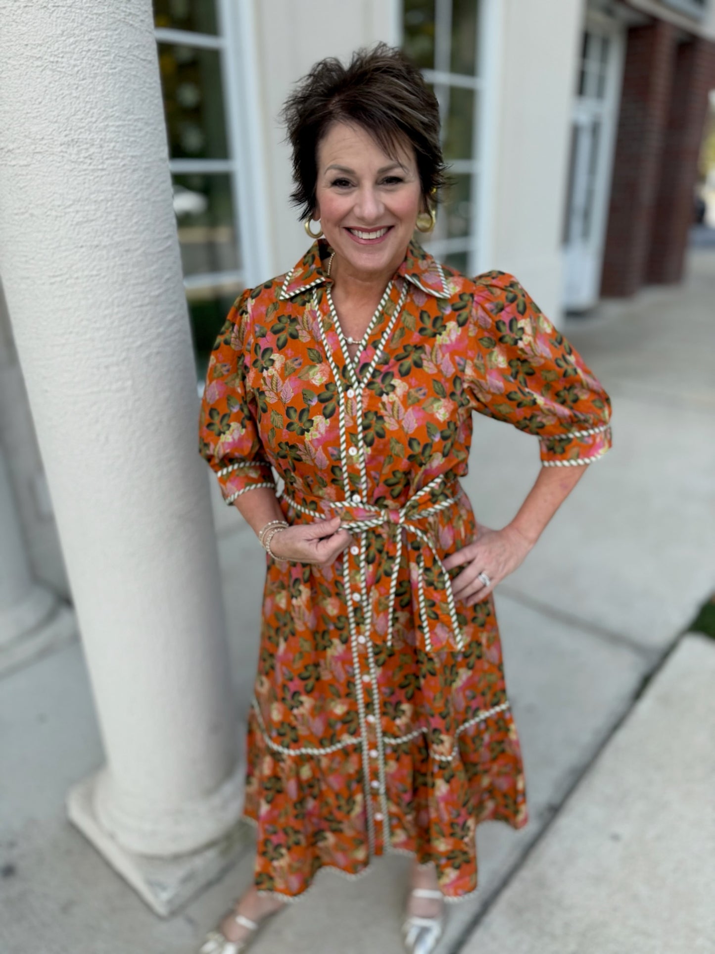 Deep Orange Printed Midi Dress