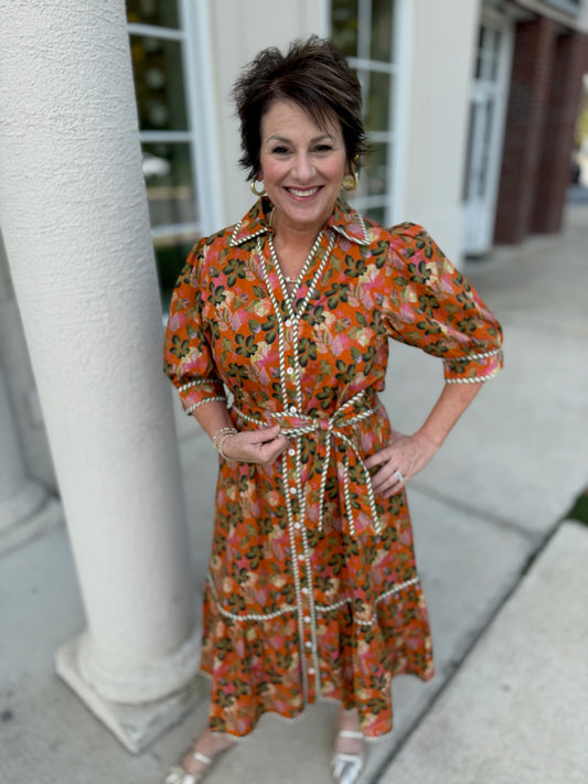 Deep Orange Printed Midi Dress